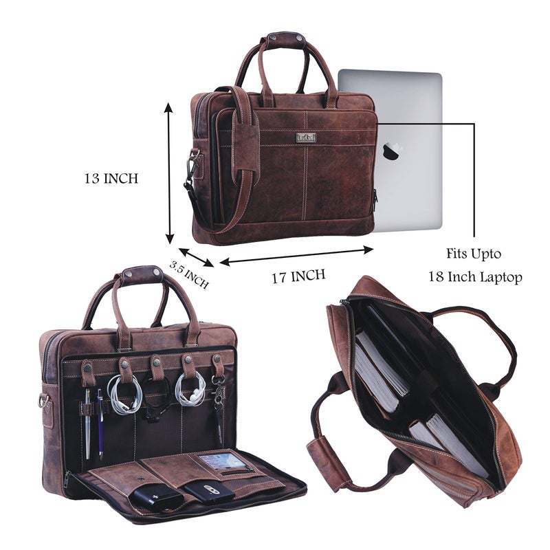 HULSH 18 Inch Genuine Leather Briefcase for Men and Women, Vintage Messenger Bag, Large Laptop Shoulder Satchel, Professional Business Office Work Bag with Luggage Strap, Handcrafted, Dark Brown - Image 4